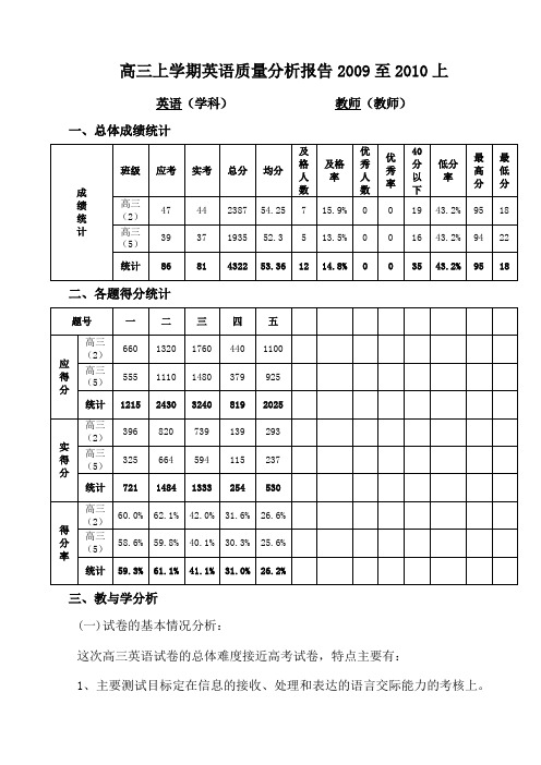 高三上学期英语期末试卷分析2009至2010上