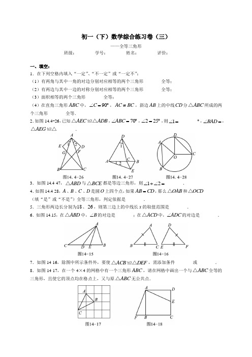上海市上宝中学数学七年级下学期(初一下)数学综合练习卷(三)