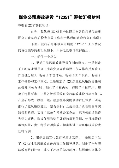 煤业公司廉政建设“12351”迎检汇报材料