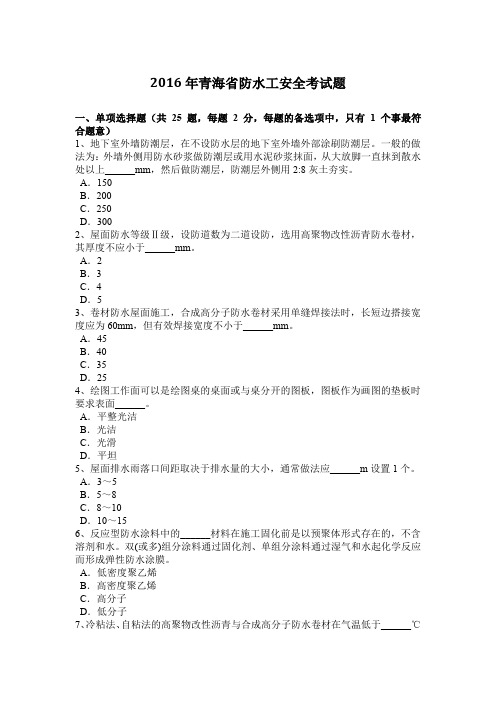 2016年青海省防水工安全考试题