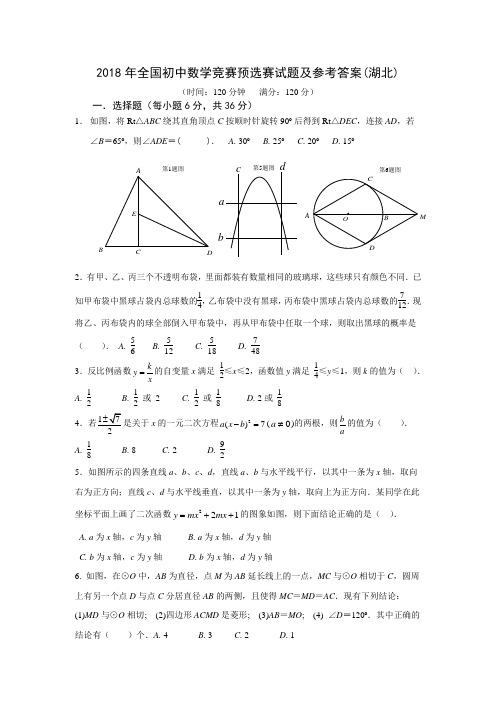 2018年全国初中数学竞赛预选赛试题及参考答案(湖北) 精品