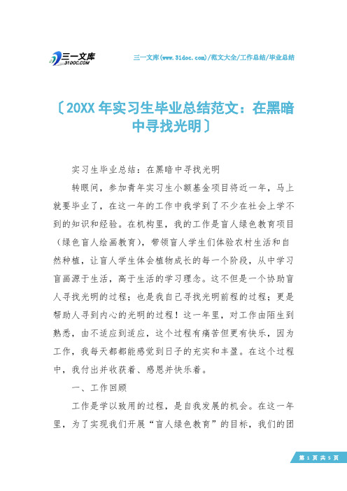 【毕业总结】20XX年实习生毕业总结范文：在黑暗中寻找光明