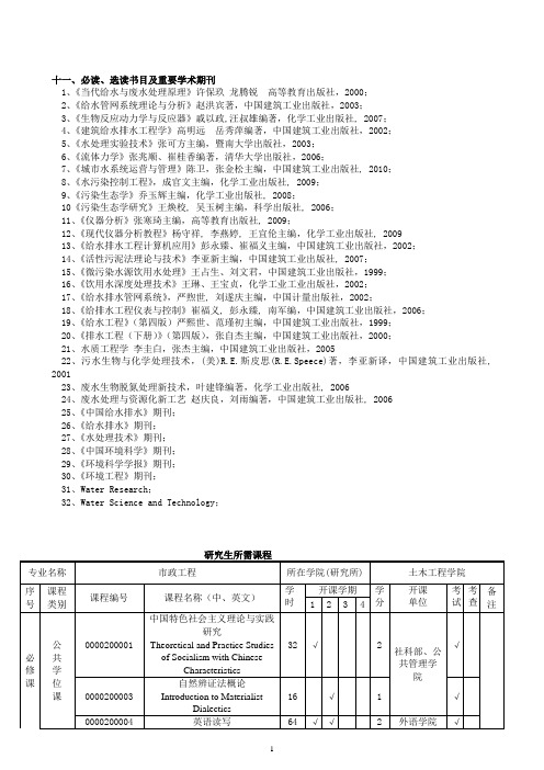 市政工程(给水排水)硕士(研究生)书籍、期刊及所需课程