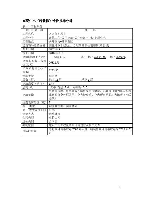 高层住宅(精装修)造价指标分析
