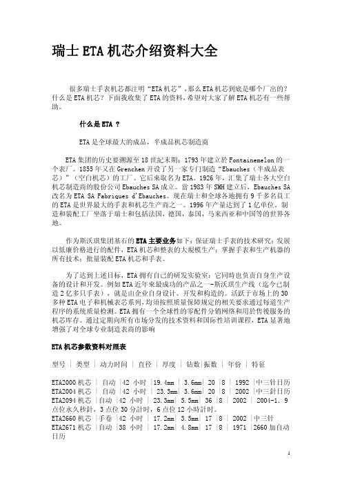 瑞士ETA机芯介绍资料大全