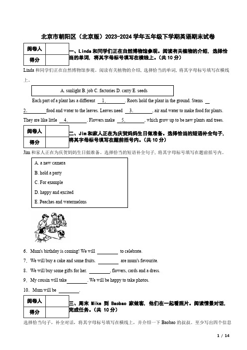 北京市朝阳区2023-2024学年五年级下学期英语期末试卷  附解析