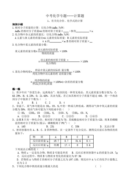 中考化学专题----化学相关计算