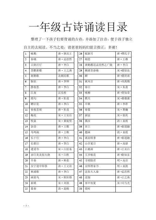 一年级古诗诵读目录(注音版)
