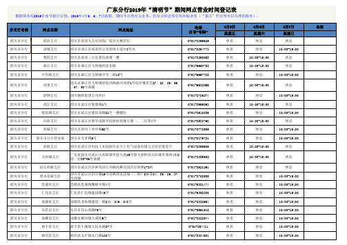 广东分行2019年清明节期间网点营业时间登记表