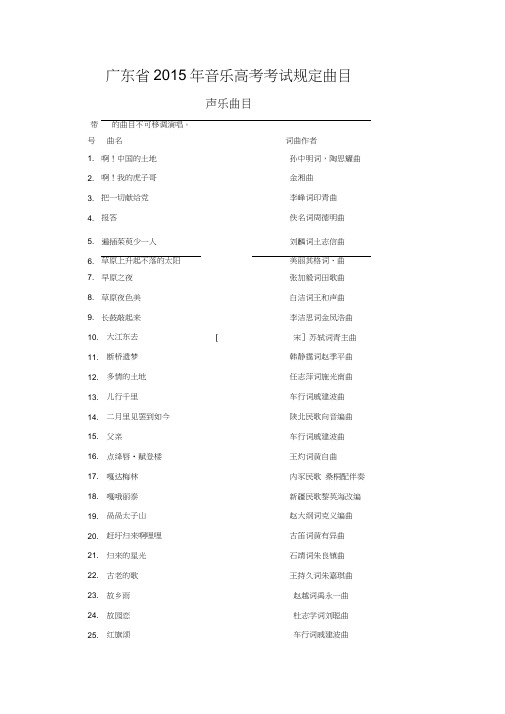 广东省年音乐高考考试规定曲目声乐曲目