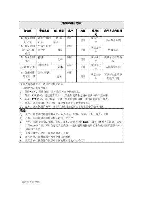 黄金分割 教学设计及资源应用计划表