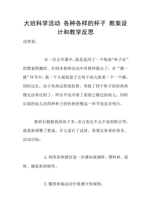 大班科学活动 各种各样的杯子 教案设计和教学反思