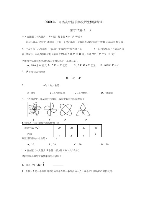 2009年广东省高中阶段学校招生模拟考试(一)