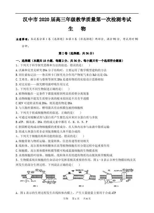 汉中市2020届高三年级教学质量第一次检测考试生物