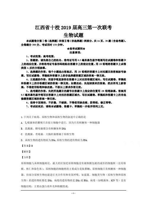 江西省十校2019届高三第一次联考生物试题