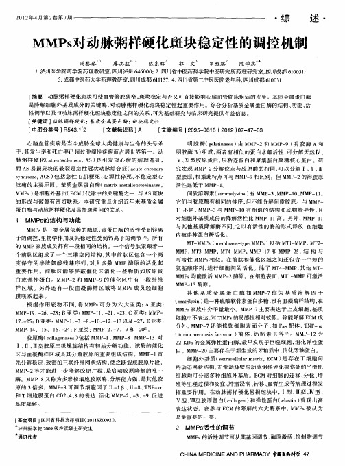 MMPs对动脉粥样硬化斑块稳定性的调控机制