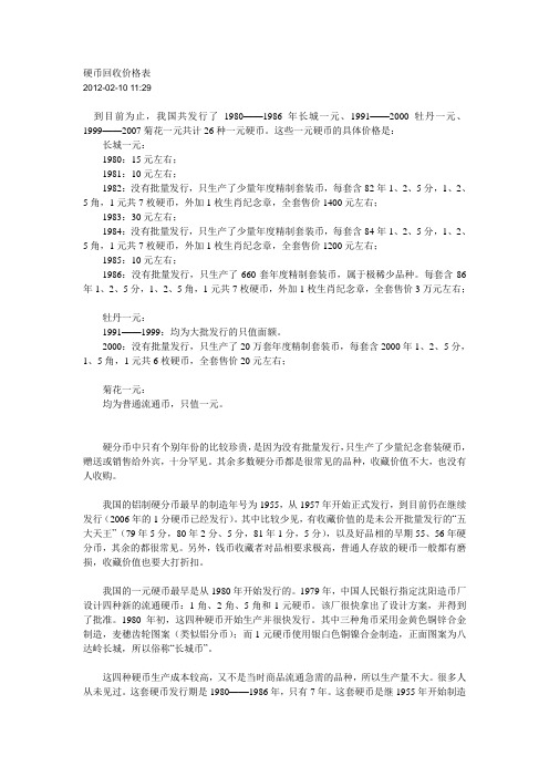 硬币回收价格表