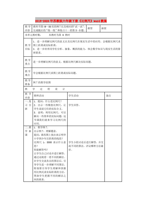 2019-2020年苏教版六年级下册《比例尺》word教案