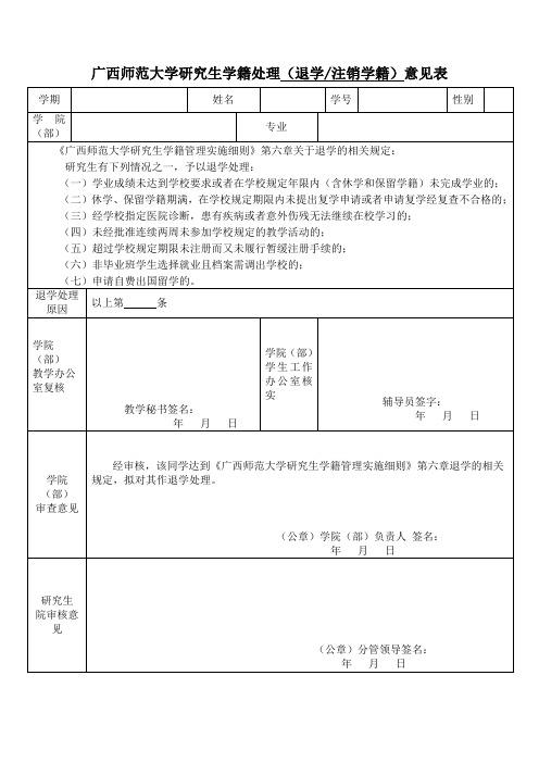 广西师范大学研究生学籍处理(退学注销学籍)意见表【模板】