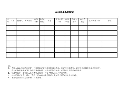 办公室外借物品登记表