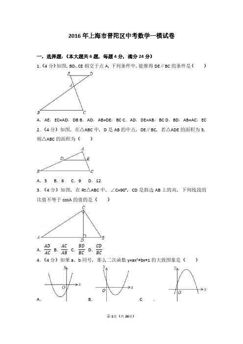 2016年上海市普陀区中考数学一模试卷及参考答案