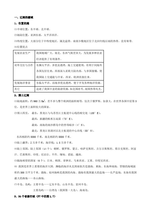 初中地理会考复习八年级知识点总结：1.1辽阔的疆域