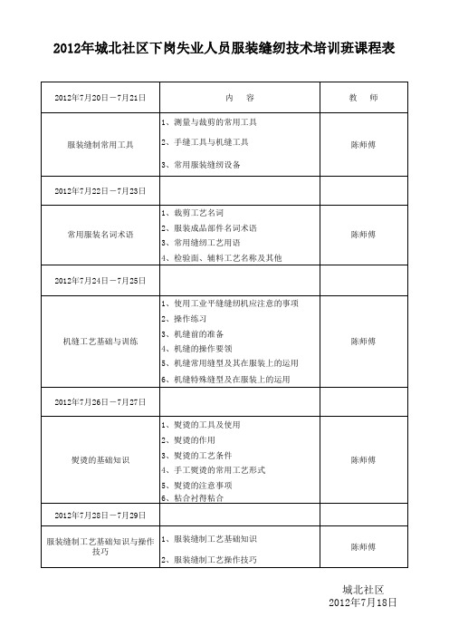 服装缝纫课程表
