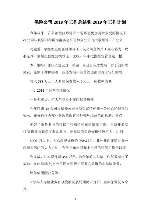 2018保险公司工作总结和2019年工作计划