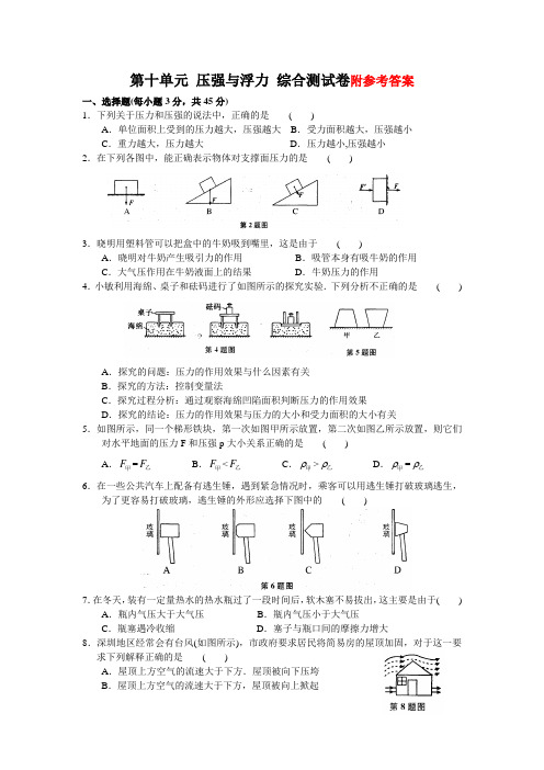 物理八年级下册第十单元 压强与浮力 综合测试卷(A)含答案2018版