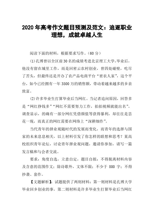 2020年高考作文题目预测及范文：追逐职业理想,成就卓越人生