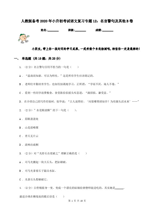 人教版备考2020年小升初考试语文复习专题12：名言警句及其他B卷