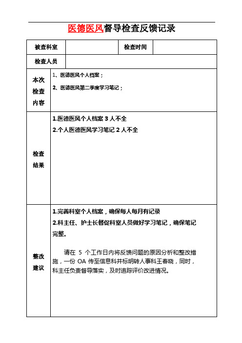 医院质量与安全管理督导检查反馈表(6月份)医德医风