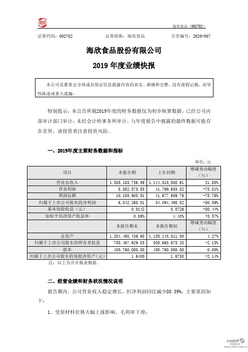 海欣食品：2019年度业绩快报
