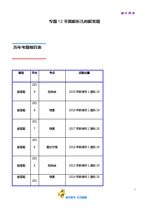 【必刷十年真题】专题12 平面解析几何解答题-高考数学(理)(2010-2019)(新课标Ⅰ卷)(原卷版+解析版)