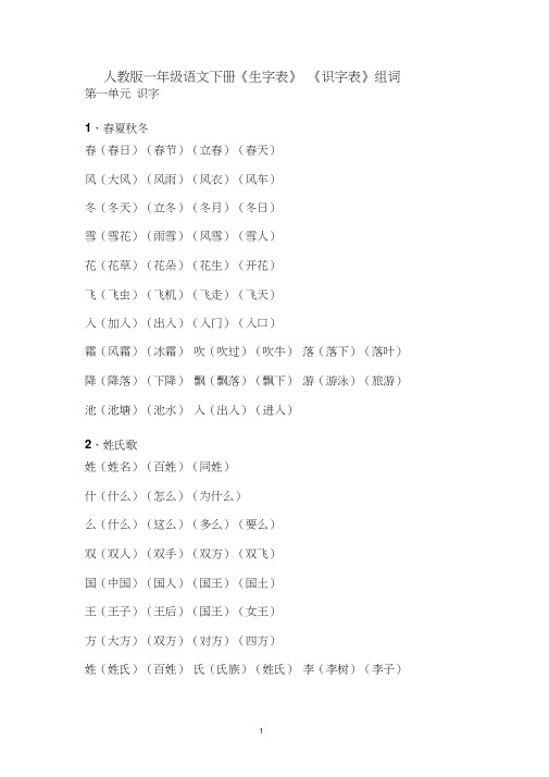 一年级语文下册识字表组词反义词多音字