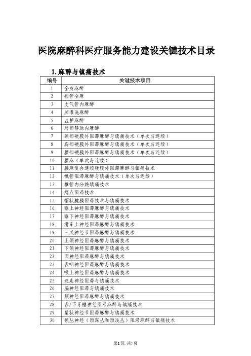 医院麻醉科医疗服务能力建设关键技术目录(2019年版)