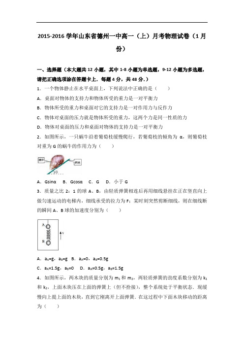 山东省德州一中2015-2016学年高一上学期月考物理试卷(