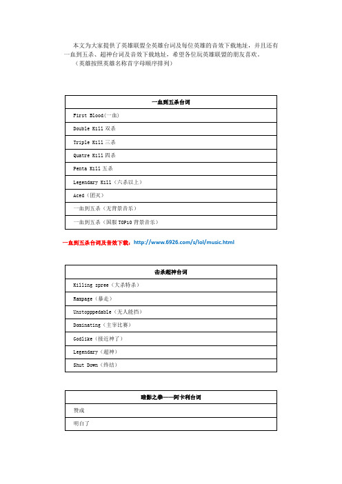 英雄联盟全英雄台词及音效