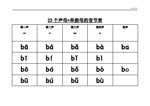 23个声母+单韵母的音节表