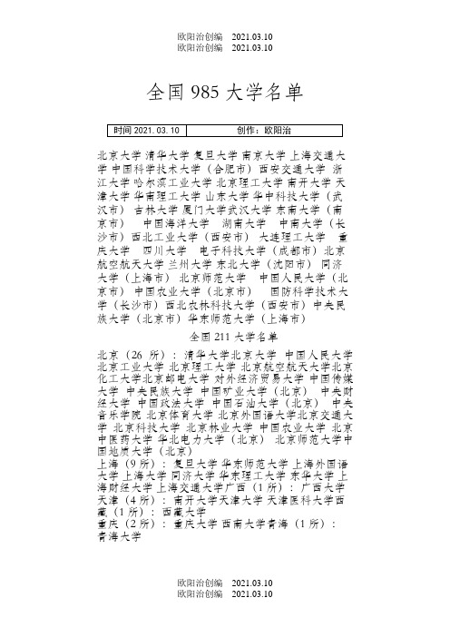 全国985211大学名单排名之欧阳治创编
