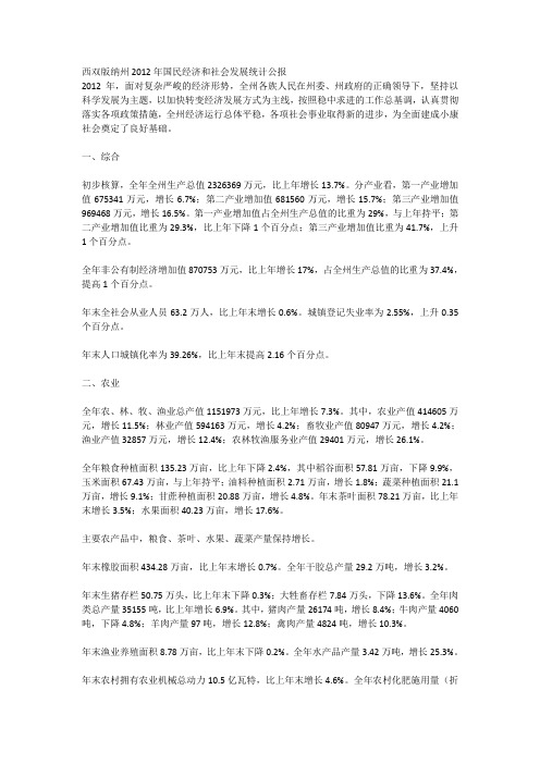 西双版纳州2012年国民经济和社会发展统计公报