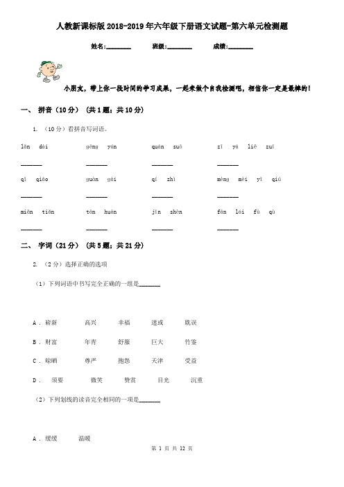 人教新课标版2018-2019年六年级下册语文试题-第六单元检测题