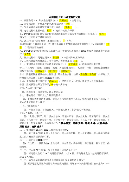 中国石化HSE大检查测试试题