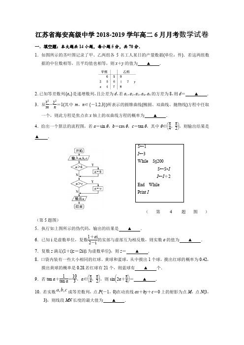 2018-2019江苏省海安高二月考数学试题