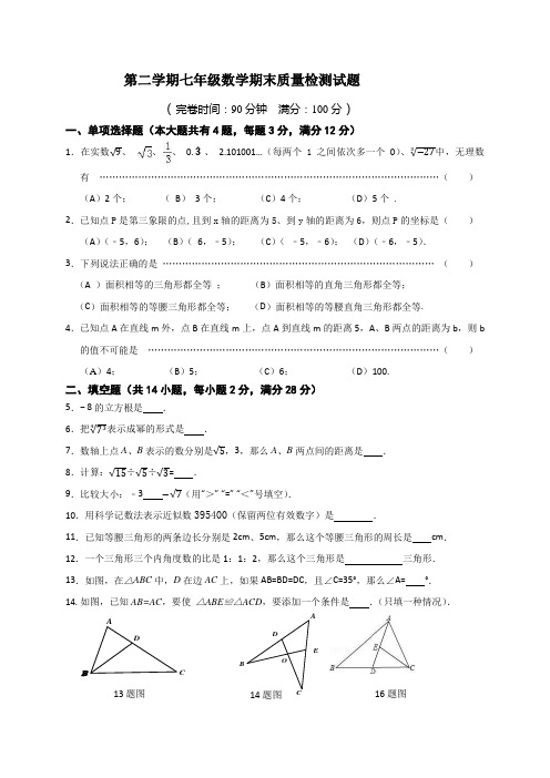 沪教版初一年级第二学期数学期末试卷6(含答案)