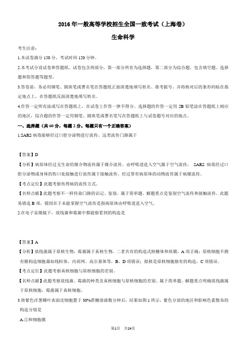 高考试题生物上海卷 解析版
