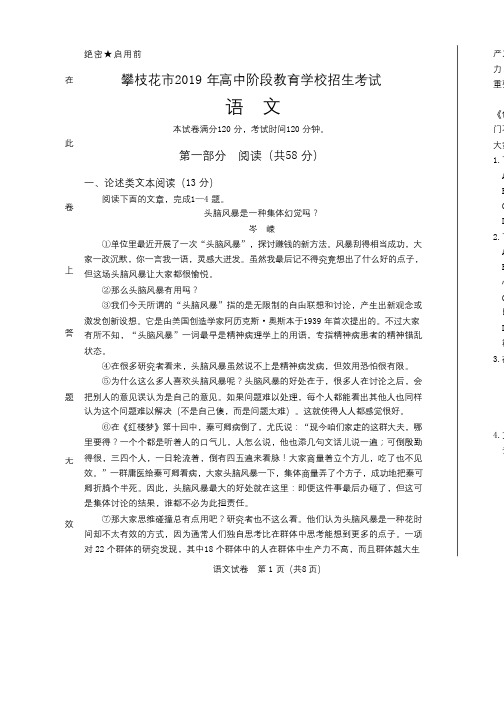 2019年四川省攀枝花中考语文试卷含答案