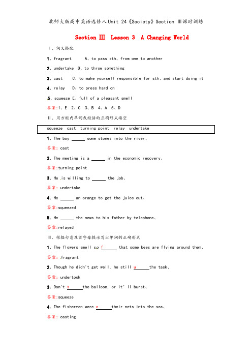 北师大版高中英语选修八Unit 24《Society》Section Ⅲ课时训练