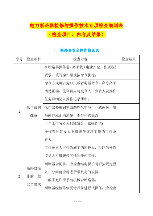 电力断路器检修与操作专项检查细则表(检查项目、内容及结果)