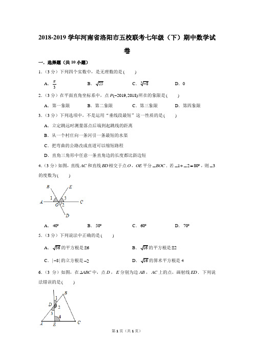 2018-2019学年河南省洛阳市五校联考七年级(下)期中数学试卷